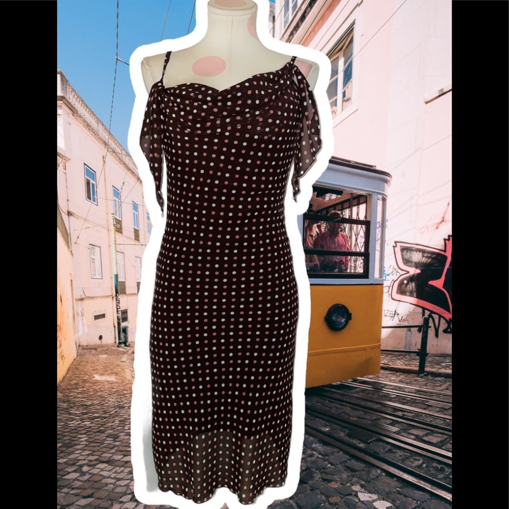 Papaya Vintage Y2K Brown & Pink Polka Dot Ruffle Midi Dress